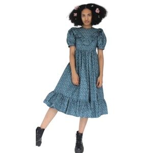 Batsheva - Blue Floral Cottagecore Ruffle Prairie Cotton Midi Dress - Size M